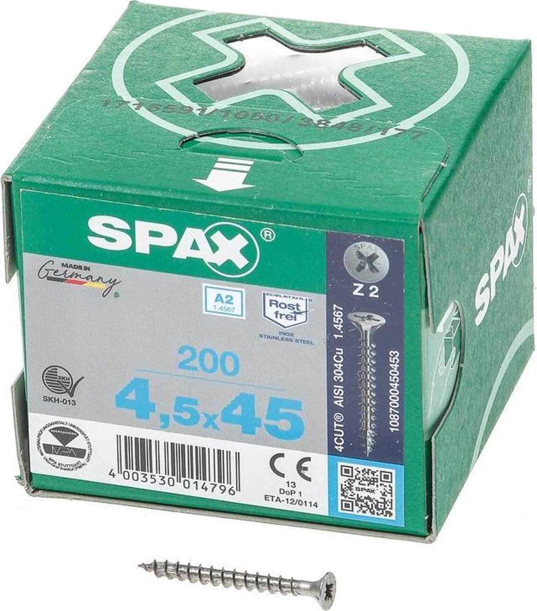 Spax Spaanplaatschroef RVS PK 4.5 x 45 - 200 stuks - Spax