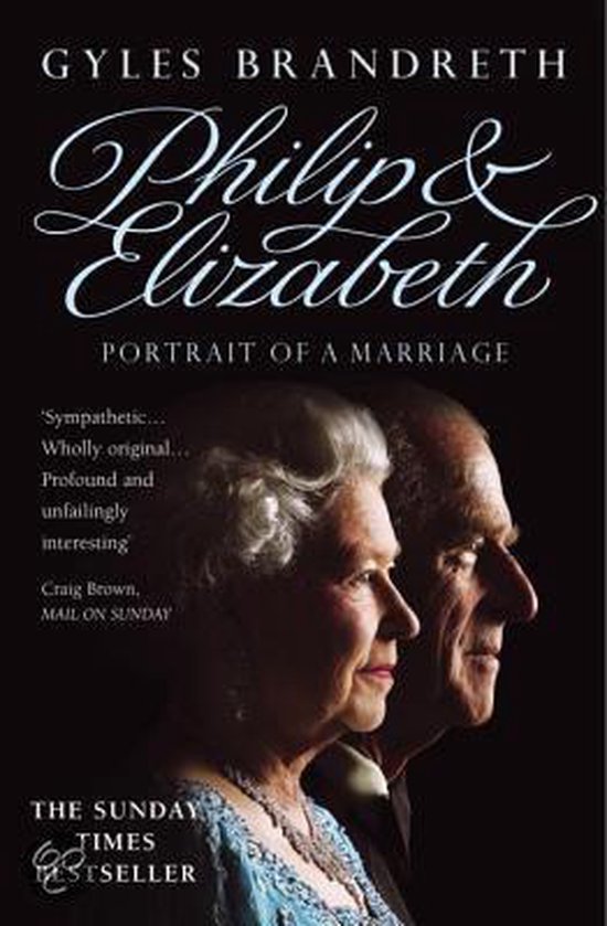 Boekcover met Gyles Brandreth's 'Philip & Elizabeth: Portrait of a Marriage' en een portret van koningin Elizabeth en prins Philip.