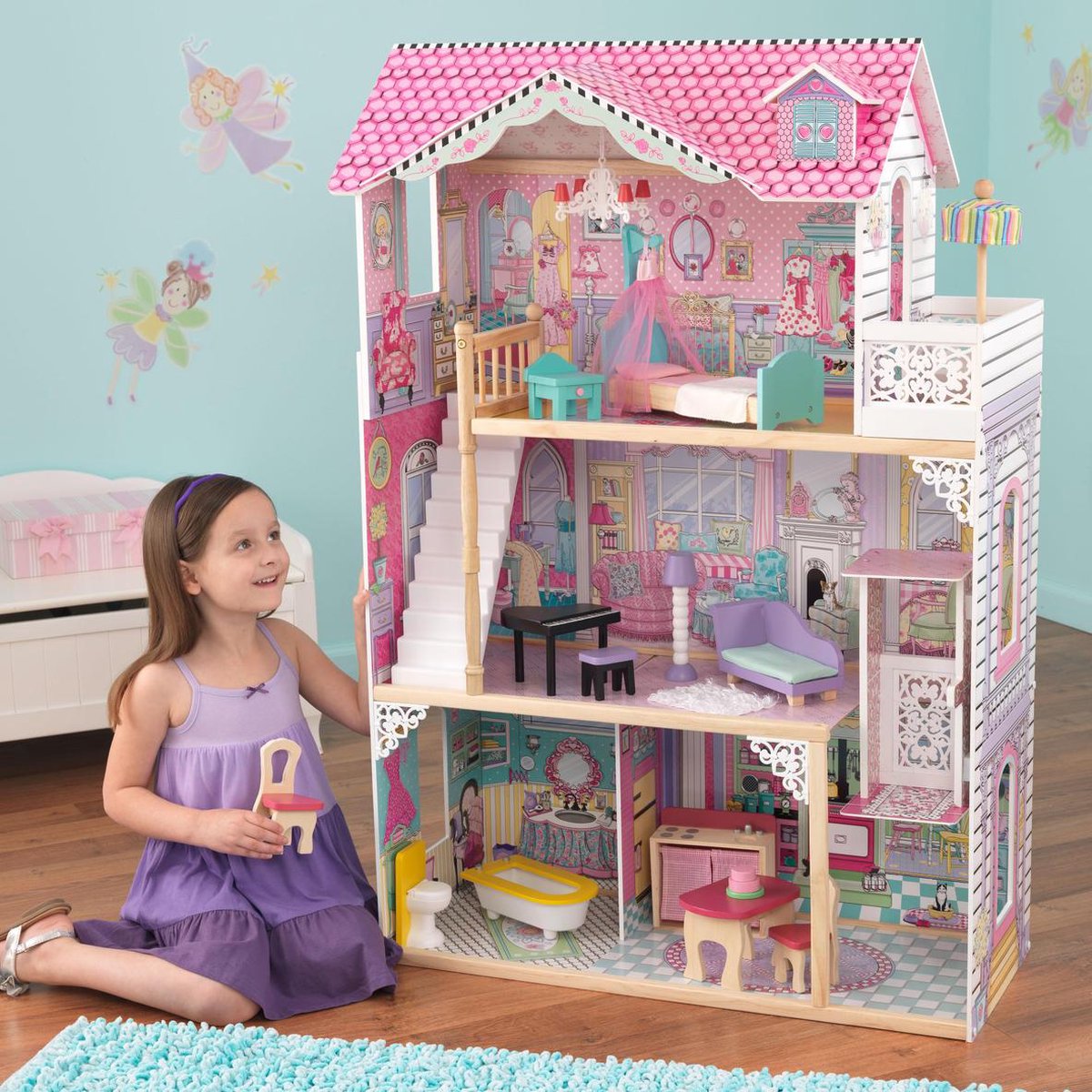 KidKraft Annabelle Poppenhuis – Groot Poppenhuis – Poppenhuis van Hout – 3 Verdiepingen, 5 Kamers & Lift – Inclusief 17 Accessoires – Voor 30 cm Barbies en Soortgelijke Poppen – Vanaf 3 jaar — afbeelding 6