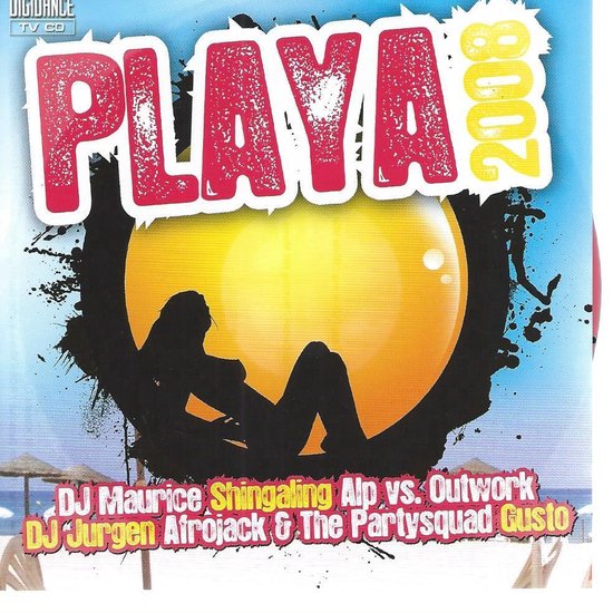 CD hoes voor Playa 2008 met grote PLAYAS en 2008 tekst. Een silhouet van een persoon ligt in een grote gele cirkel.