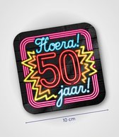 Neon glas onderzetters - Hoera 50 jaar- 6 stuks