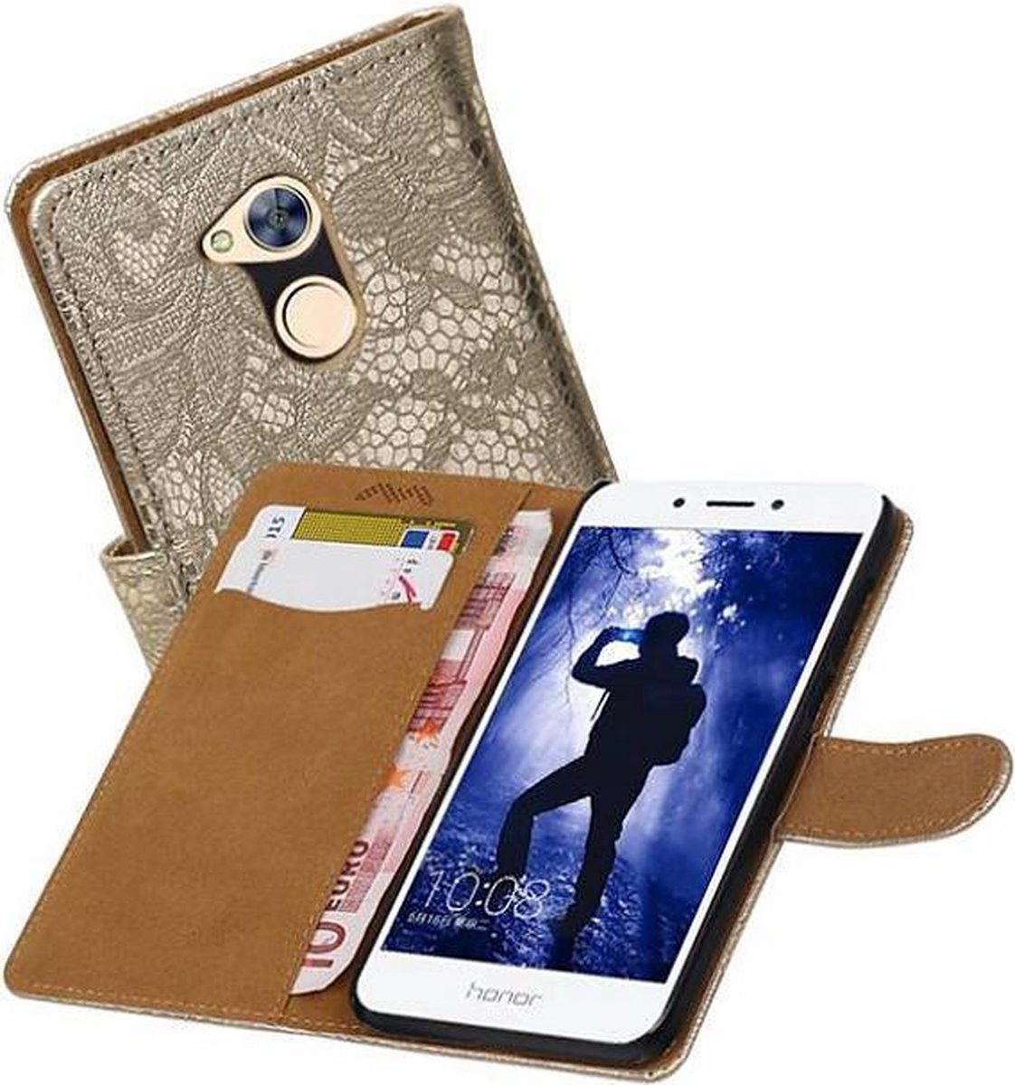 Lace Bookstyle Wallet Case Hoesjes Geschikt voor Huawei Honor 6 A Goud