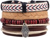 Brede leren armband uit Tibet met leer- touw en houten kralen - bruin rood zwart en wit