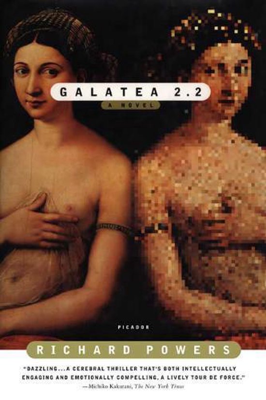 Boekhoes voor 'Galatea 2.2' van Richard Powers met een kunstwerk van twee vrouwen, waarvan één gedigitaliseerd is.