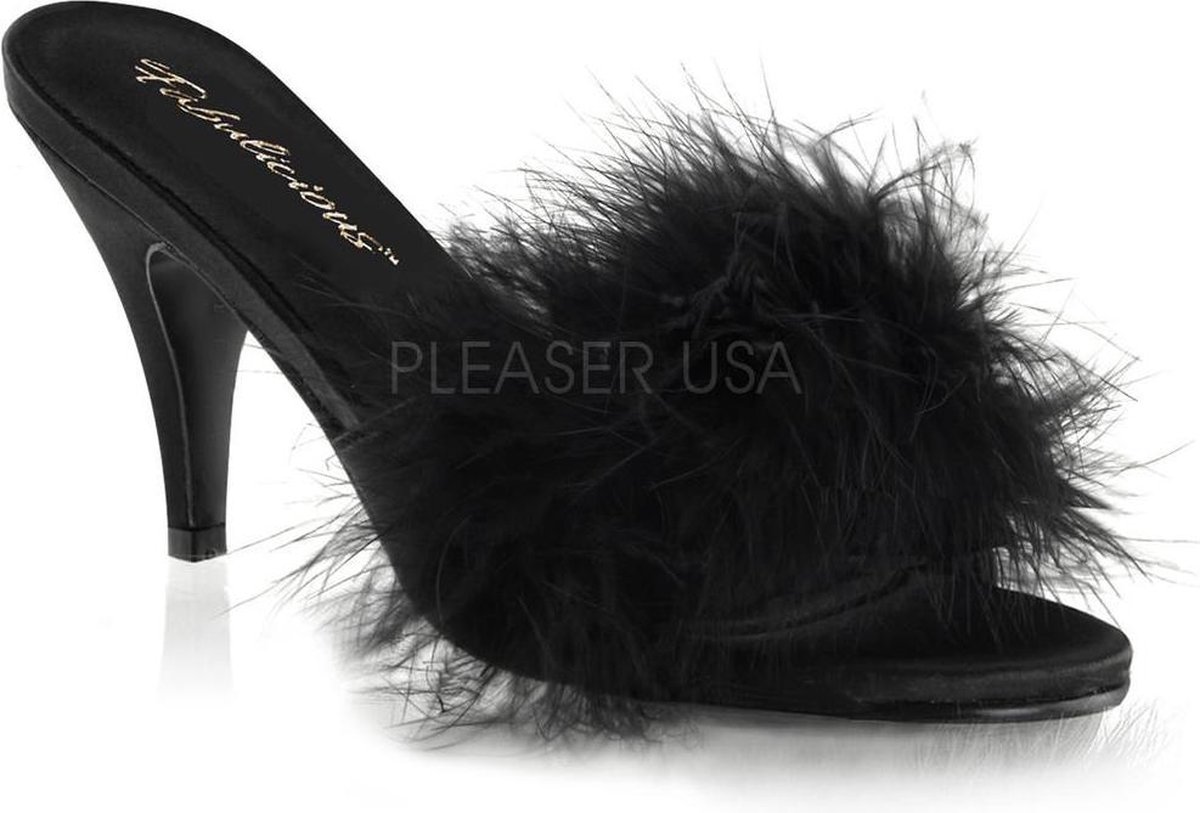 Amour-03 klassieke marabou slipper met hak zwart - (EU 35 = US 5) - Fabulicious