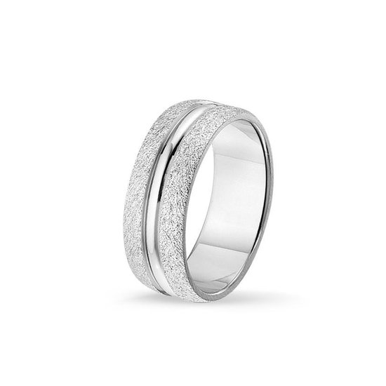 TRESOR Ring ijs-structuur met blinkend bol boordje in het midden - Gerhodineerd sterling zilver - 8mm breed