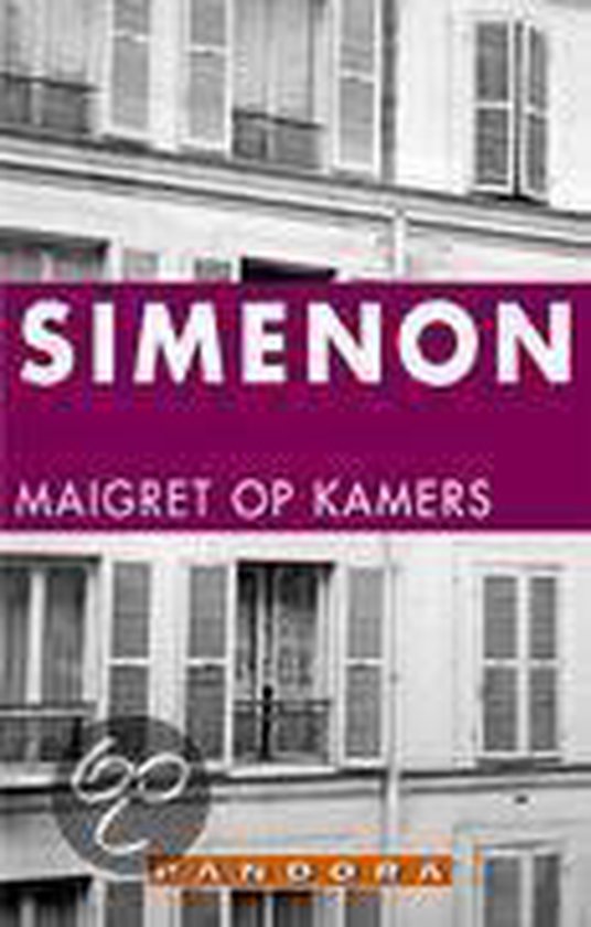 Couverture de livre avec bande violette "SIMENON" et "MAIGRET OP KAMERS". Sur fond de bâtiments parisiens avec des volets.