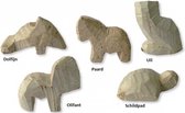 Speksteenset 5-delig, ruw voorbewerkte dier modellen; dolfijn, paard,uil, olifant en schildpad.