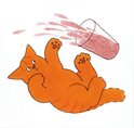 Een oranje kat Dikkie Dik ligt op zijn rug, met een omgevallen glas limonade.