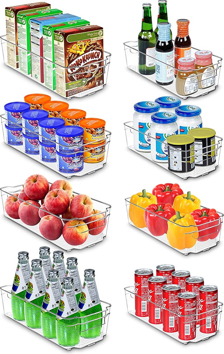 LAUWG - Opbergbakken Bijkeuken (Transparant) - Set van 8 containers (4 grote en 4 kleine opbergbakken) Opslag voor keuken, bijkeuken, kasten, aanrecht en koelkast - BPA-vrij