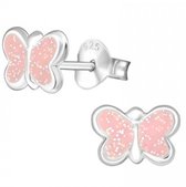 Joy|S - Zilveren vlinder oorbellen - roze met glitter