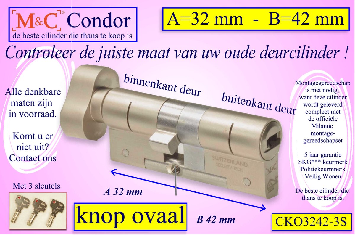 M&C Condor high security deurcilinder met Knop OVAAL 32x42 mm - SKG*** - Politiekeurmerk Veilig Wonen - inclusief gereedschap montageset