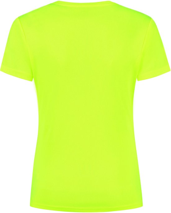 Fluorescerend geel sportshirt met korte mouwen, ronde hals en mesh structuur.