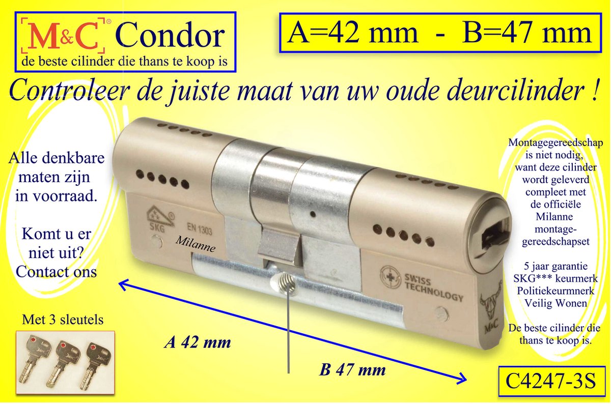 M&C Condor - High Security deurcilinder - SKG*** - 42x47 mm - Politiekeurmerk Veilig Wonen - inclusief gereedschap montageset