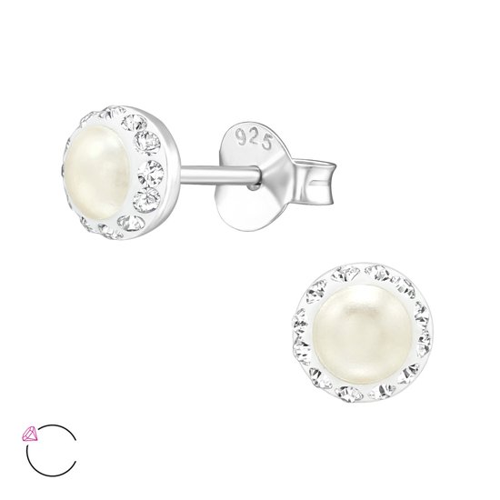 Joy|S - Zilveren Classic parel oorknopjes - 5 mm cream white - Swarovski kristal