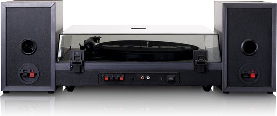 Zwart Lenco platenspelersysteem met twee speakers, met deksel gesloten.