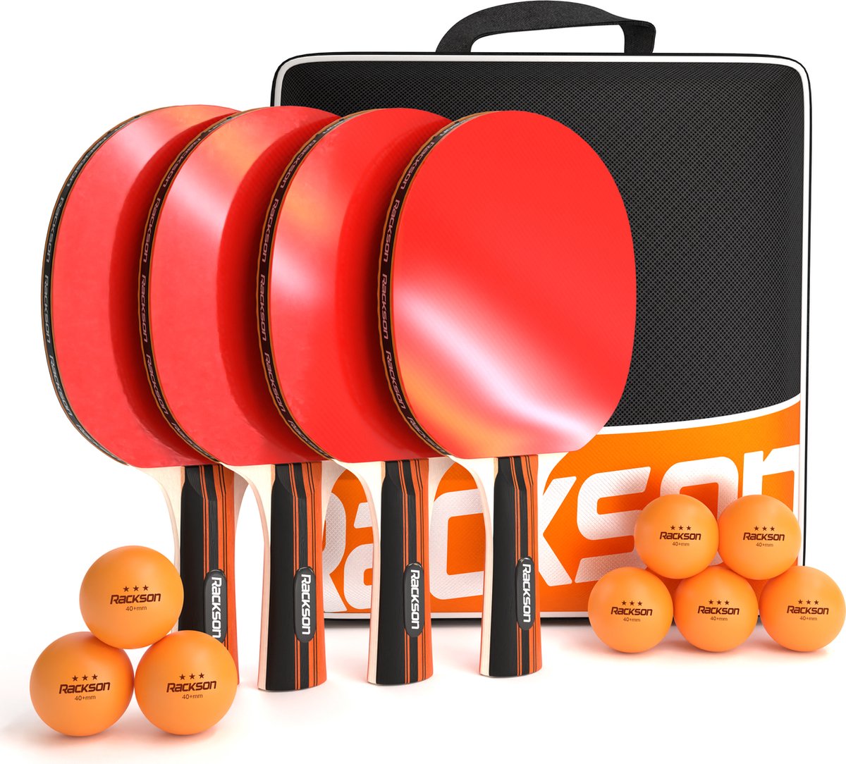 RACKSON Professionele Tafeltennis Set voor 4 Spelers - Tafeltennis Set - Tafeltennis Batjes - Pingpong Set - Pingpong Batjes - Tafeltennisballen - Pingpongballen - Oranje | Zwart | Rood