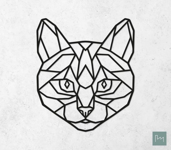 Laserfabrique Wanddecoratie - Geometrische Kat / Poes - XS - Brievenbusformaat - Zwart - Geometrische dieren en vormen - Houten dieren - Muurdecoratie - Line art - Wall art