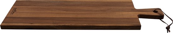 Walnotenhouten borrelplank met handvat en leren lus.