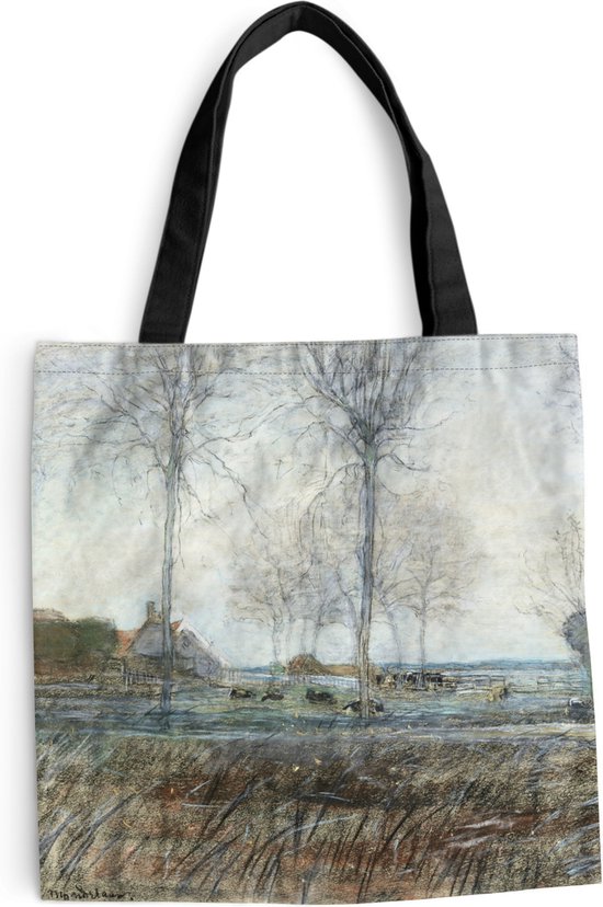 MuchoWow® Schoudertas - Strandtas - Big Shopper - Boodschappentas - Boerderij met drie hoge bomen op de voorgrond - Piet Mondriaan - 45x45 cm - Katoenen tas