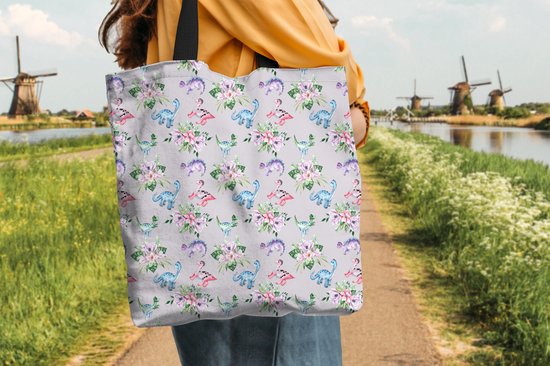 Sac bandoulière - Sac de plage - Shopper Kids Room - Dinosaurus - Arrangements floraux - 45x45 cm - Sac en coton