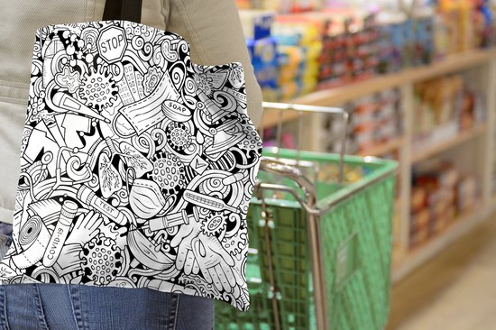 MuchoWow® Schoudertas - Strandtas - Big Shopper - Boodschappentas - Patroon - Corona - Zwart Wit - 40x40 cm - Katoenen tas