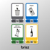 Brisz afvalstickers met afbeelding set van 4 stickers - Scan de QR code, leer en weet meer per afvalstroom | Afval scheiden | Stickers afvalscheiding | Recycling stickers | Restafval | Papier | GFT | Glas| afval sticker | Container stickers