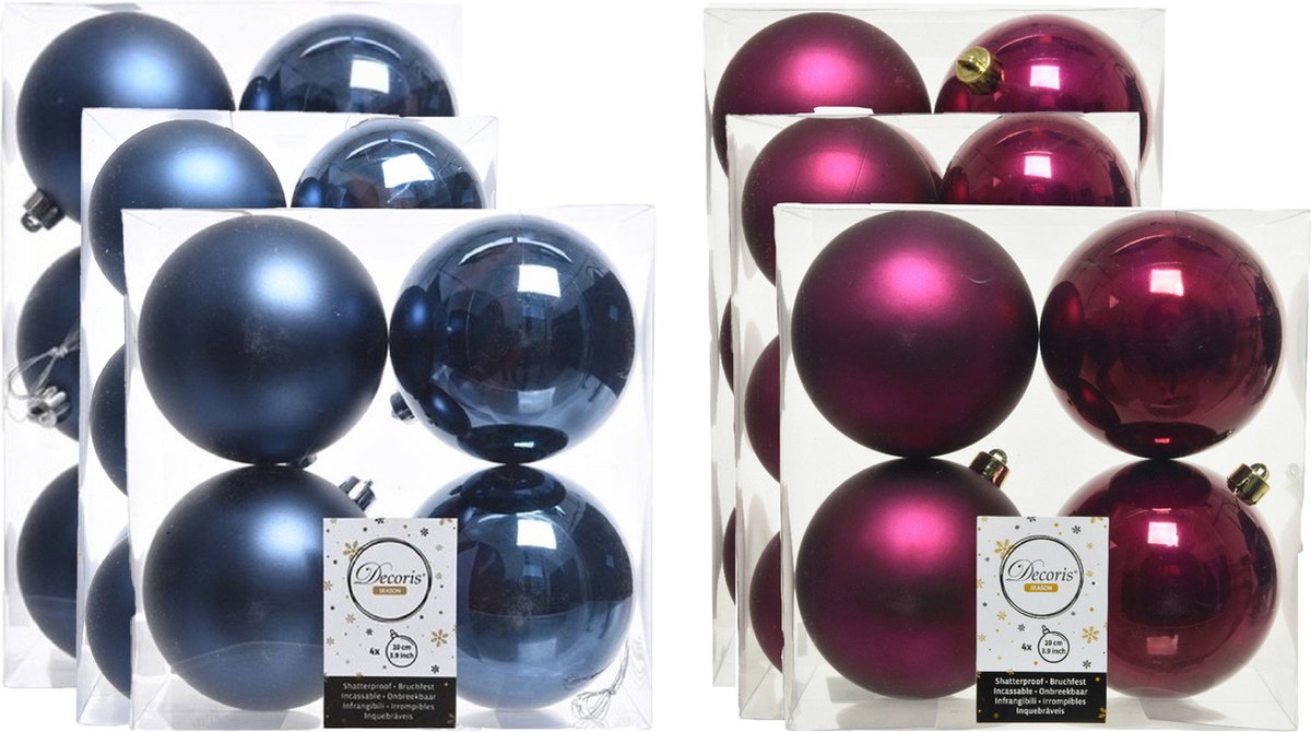 Kerstversiering kunststof kerstballen kleuren mix donkerblauw/framboos roze 6-8-10 cm pakket van 44x stuks