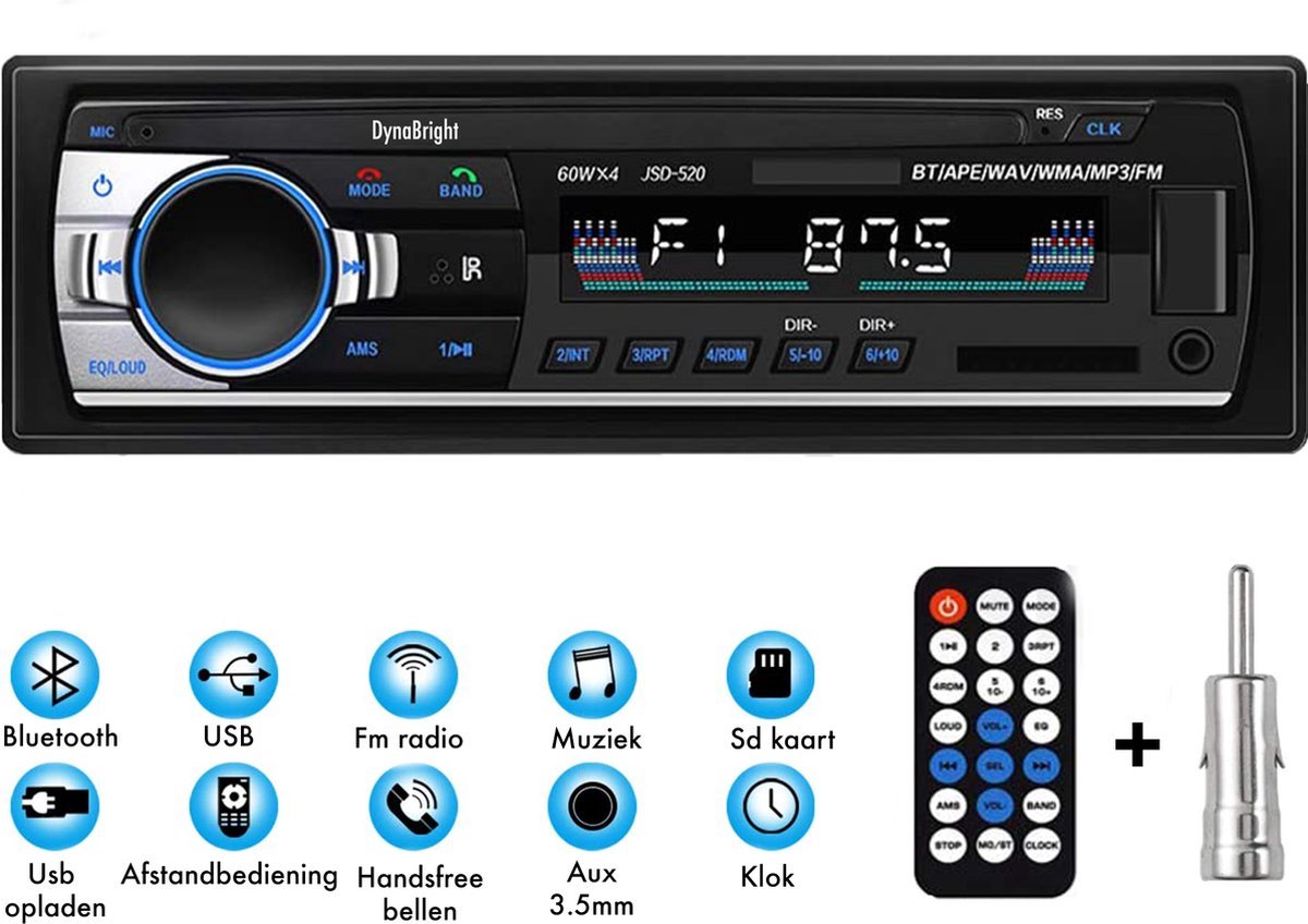DynaBright Autoradio - Bluetooth - USB - Aux - Incl. Antenne en Afstandbediening - Enkel Din - Voor alle auto's - Handsfree bellen - Fm radio