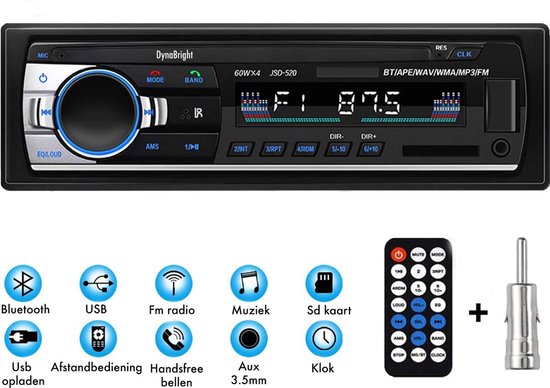 DynaBright Autoradio -  Bluetooth - USB - Aux - Incl. Antenne en Afstandbediening - Enkel Din - Voor alle auto's - Handsfree bellen - Fm radio