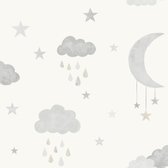Dutch Wallcoverings - Little Kids- Lune et étoiles gris/blanc - papier peint intissé - 10m x 53cm - JS2211