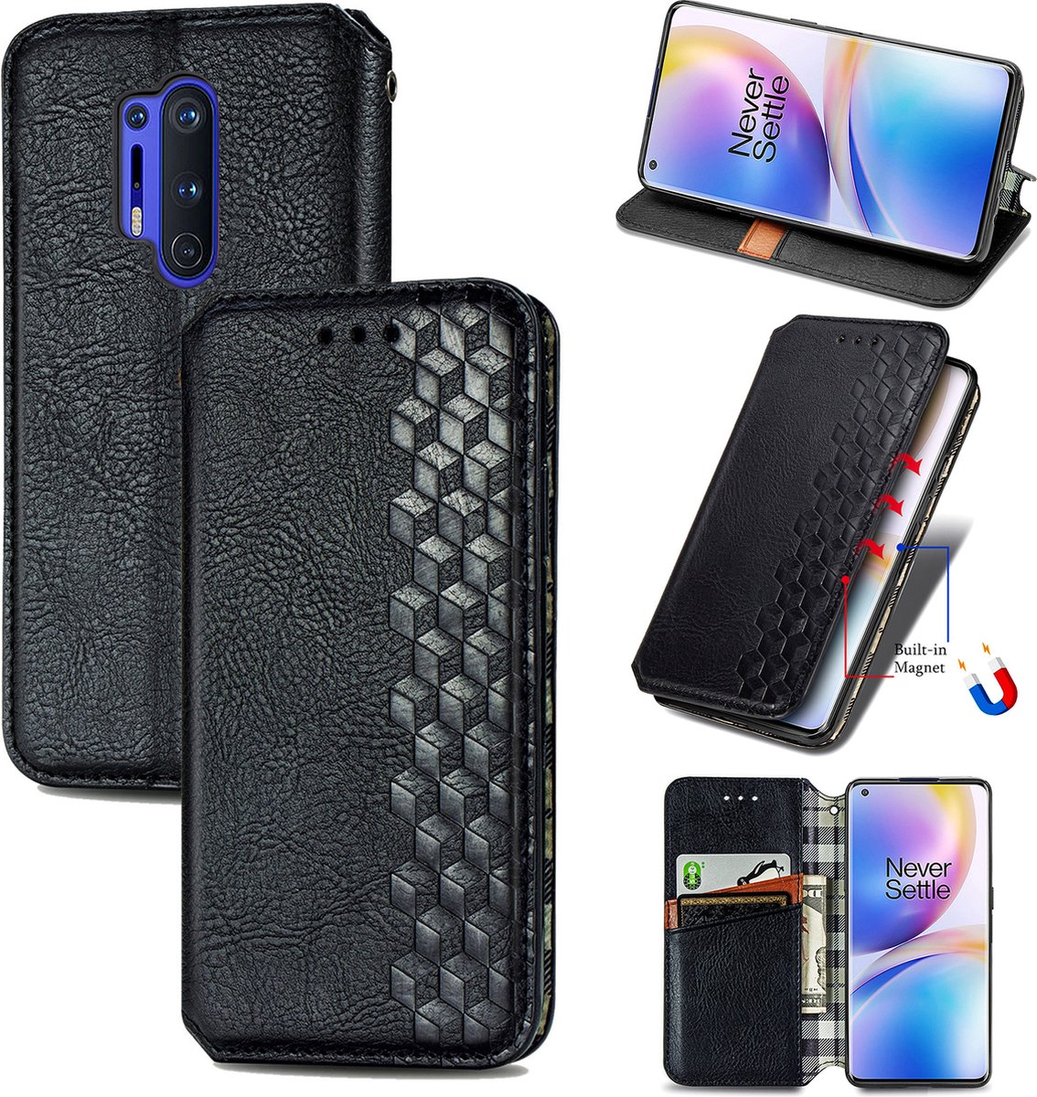 Luxe PU Lederen Ruitpatroon Wallet Case + PMMA Screenprotector voor OnePlus 8 Pro _ Zwart
