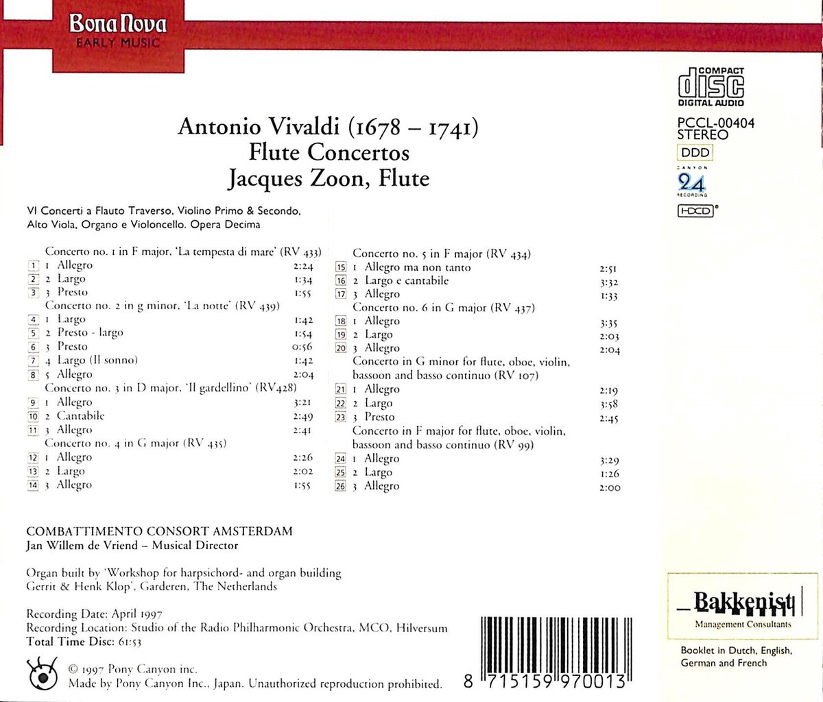 Flute Concertos, Jacques Zoon CD (album) Muziek