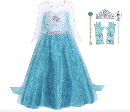 Foto: Elsa verkleed jurk met ster glamour jurk met sleep prinsessenjurk meisje verkleedjurk accessoires set blauw maat 122 128 120 cadeau meisje sinterklaas