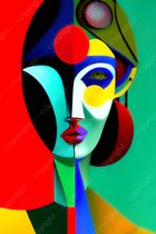 JJ-Art (Canvas) 60x40 | Vrouw abstract -  kunst - surrealistische Picasso stijl - kleurrijk - woonkamer - slaapkamer | gezicht, blauw, rood, groen, geel, modern | Foto-Schilderij print  (wanddecoratie) | KIES JE MAAT