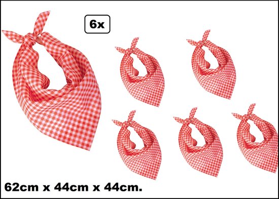 6x Foulard (triangle) rouge/blanc à carreaux 62 x 44 x 44 cm - Mouchoir festival fête à thème agriculteurs