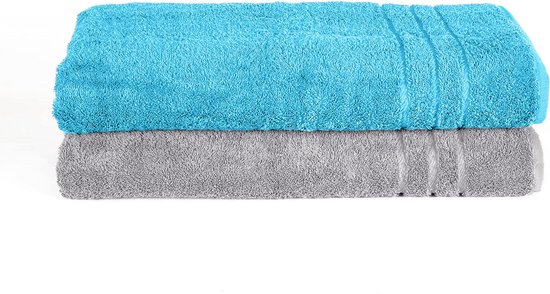 Komfortec Set van 2 Handdoeken 70x200 cm, 100% Katoen, XXL Saunahanddoeken, Saunahanddoek Zacht, Grote badstof, Sneldrogend, Zilvergrijs&Turquoise.