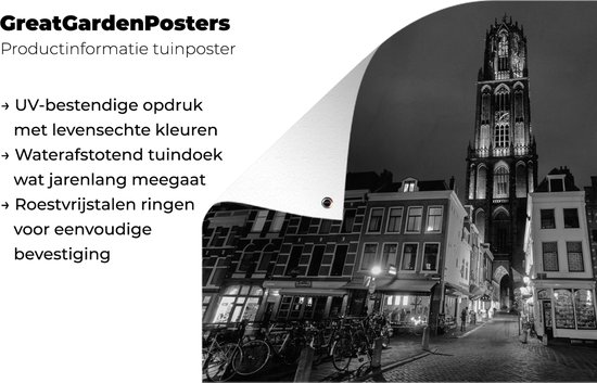 Tuinposter 120x80 cm - Tuindecoratie Verlichte Domtoren van Utrecht - zwart wit - Poster voor in de tuin - Buiten decoratie - Schutting tuinschilderij - Tuindoek muurdecoratie - Wanddecoratie balkondoek