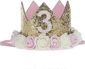 Verjaardagskroon 3 jaar - Verjaardagshoed 3e Verjaardag - Thema: Roosjes - Feesthoedje kind - Kroon kindje –