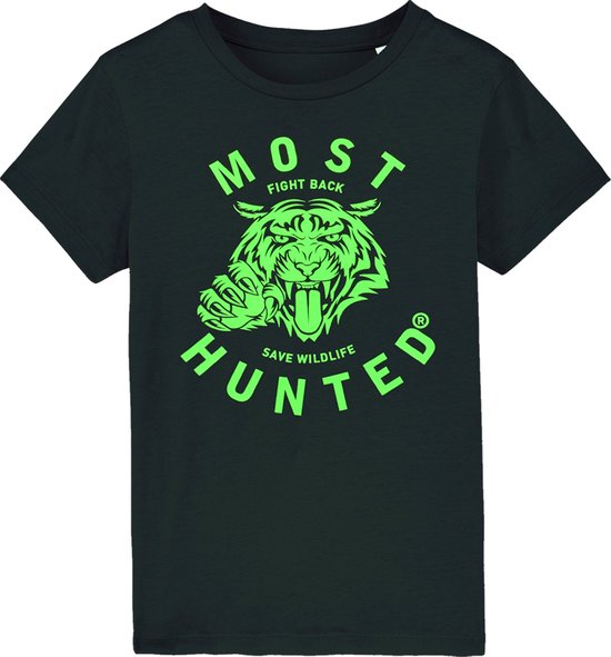 Most Hunted - kinder t-shirt - tijger - zwart - fluor groen - maat 122/128