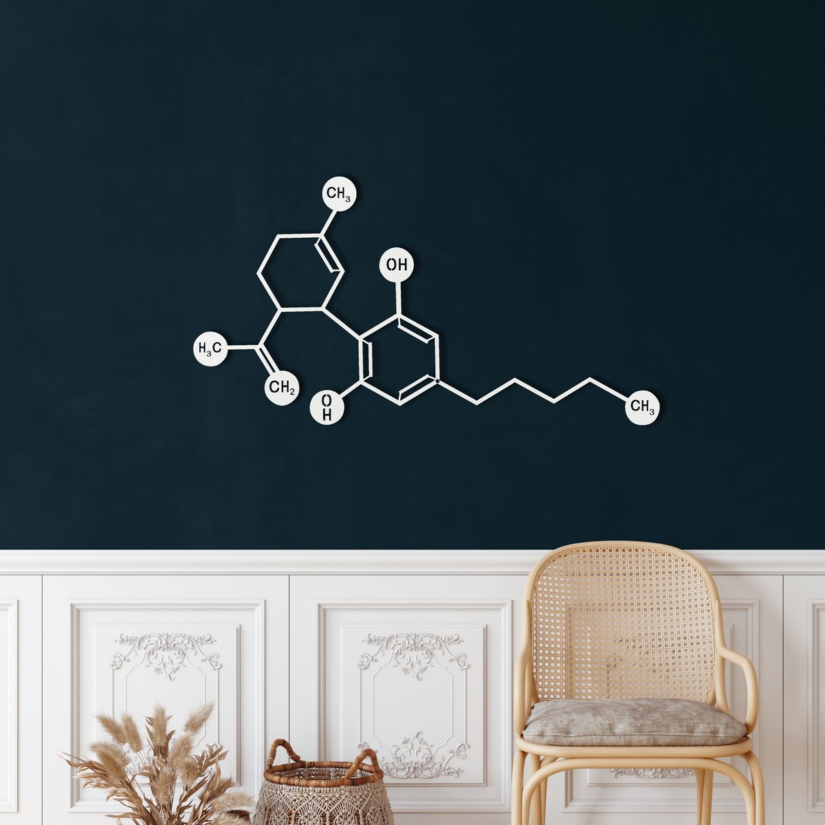 Wanddecoratie | Cannabidiol CBD Molecuul / Cannabidiol CBD Molecule| Metal - Wall Art | Muurdecoratie | Woonkamer | Buiten Decor |Wit| 117x60cm