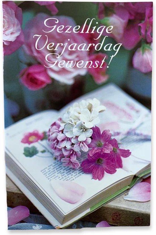 Wenskaart met een open boek, bloemen en de tekst 'Gezellige Verjaardag Gewenst!'.