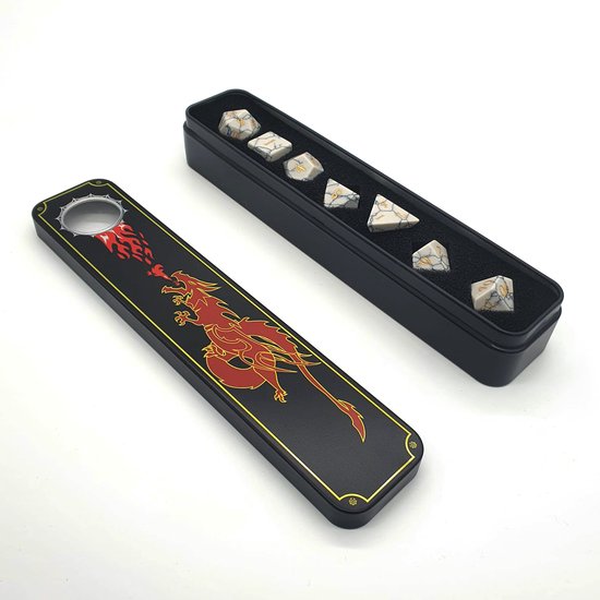 Thumbnail van een extra afbeelding van het spel DnD Gemstone dice set – Broken Marble – Inclusief Blazium Dice Tray & Metal Case – Dungeons and Dragons gemstone dobbelstenen