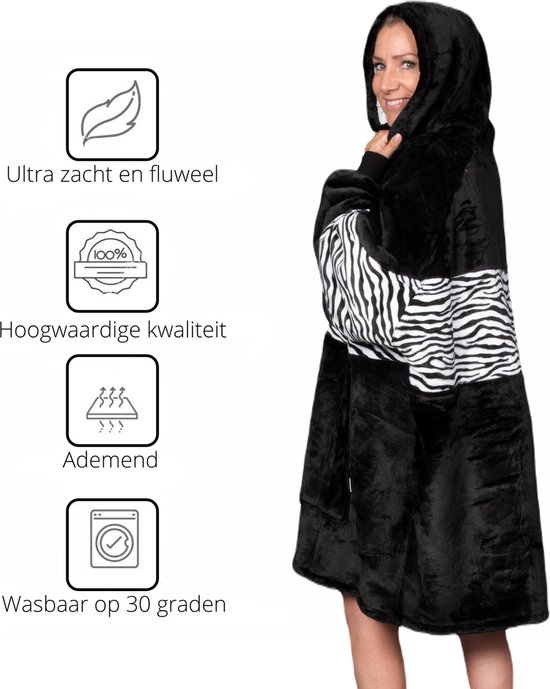 Q-Living Hoodie Deken - Snuggie - Plaid Met Mouwen - Snuggle Hoodie - Fleece Deken Met Mouwen - 1450 gram - Zwart/Zebra