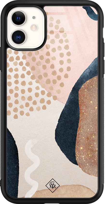 Coque iPhone 11 en verre - Pois abstraits - Marron/beige - Hard Case Zwart - Coque arrière pour téléphone - Motif géométrique - Casimoda