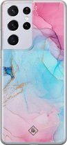 Casimoda® hoesje - Geschikt voor Samsung S21 Ultra - Marmer blauw roze - Backcover - Siliconen/TPU - Multi