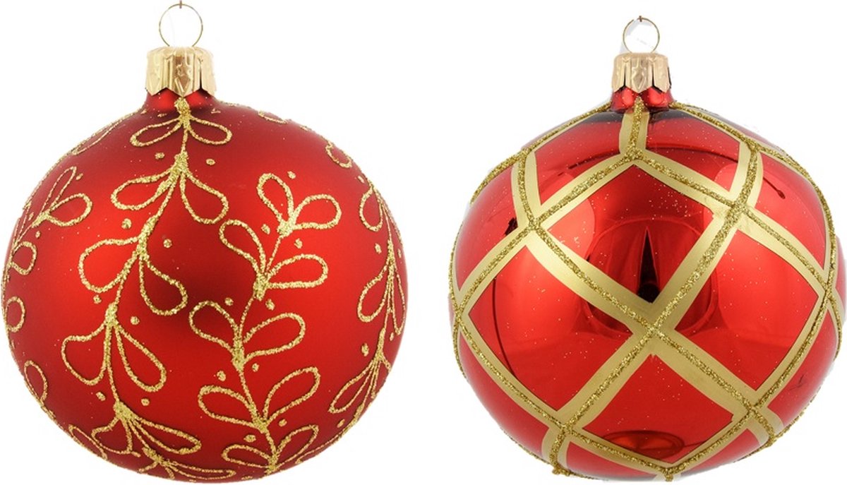 Feestelijk, Rode, Kerstballen met Gouden Ruitennet en Gouden Glitter Strikjes - Doosje van zes kerstballen van 8 cm
