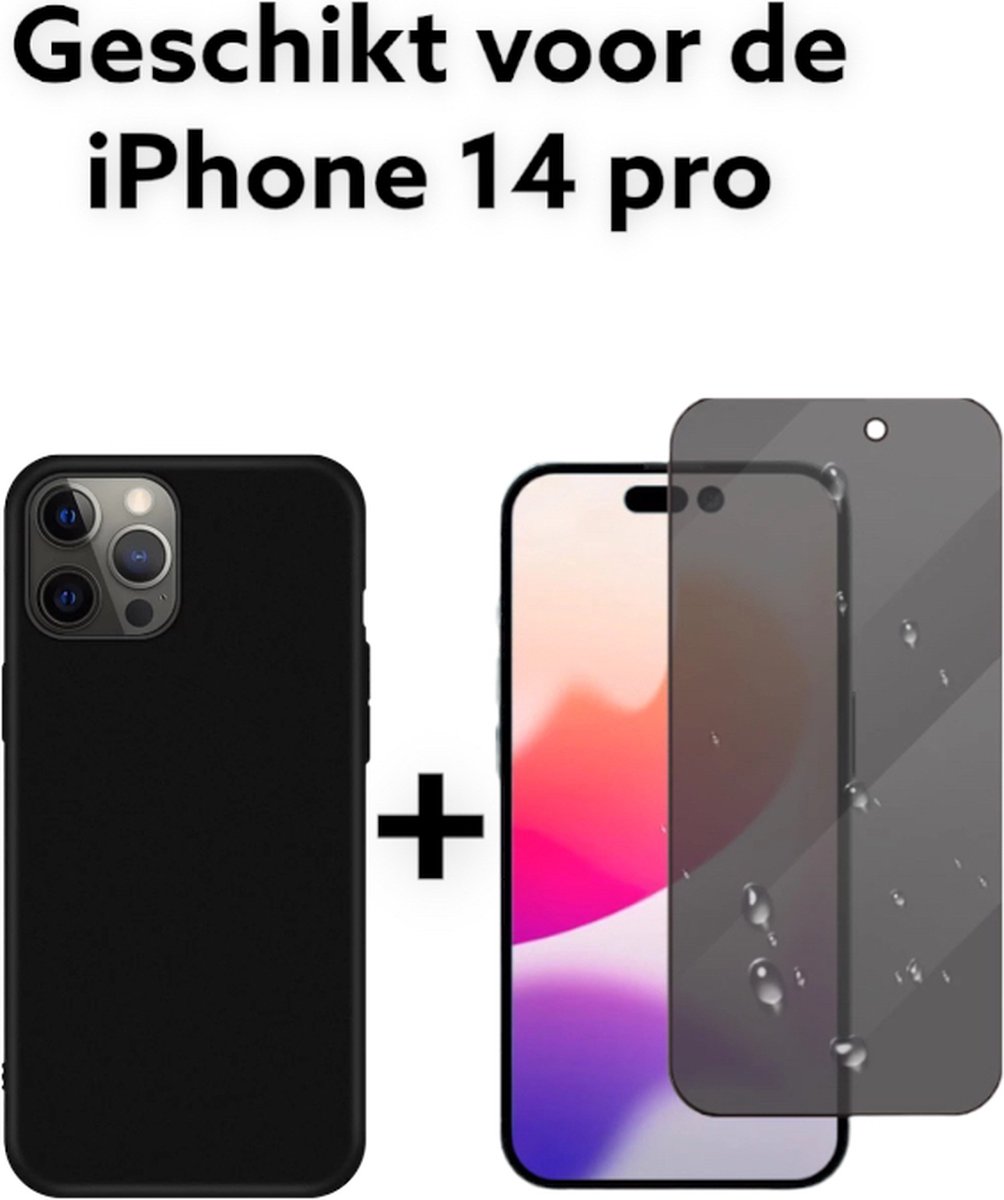 Apple iphone 14 pro hoesje siliconen zwart achterkant + privacy screen protector -iphone 14 pro cover black siliconen bakc cover + privacy tempert glas protectie