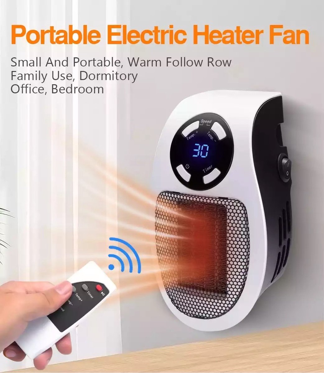 Keramische stopcontact-verwarming - Portable Heater - 2 warmtestanden - 500 Watt - Remote Control - Plug-In Heater - Timerfunctie - inclusief Remote Control