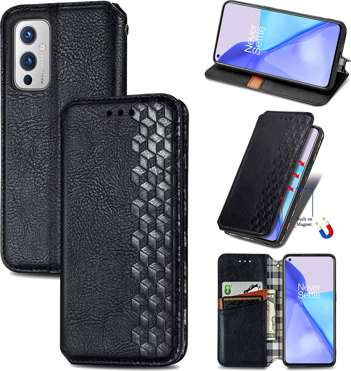 Luxe PU Lederen Ruitpatroon Wallet Case + PMMA Screenprotector voor OnePlus 9 _ Zwart